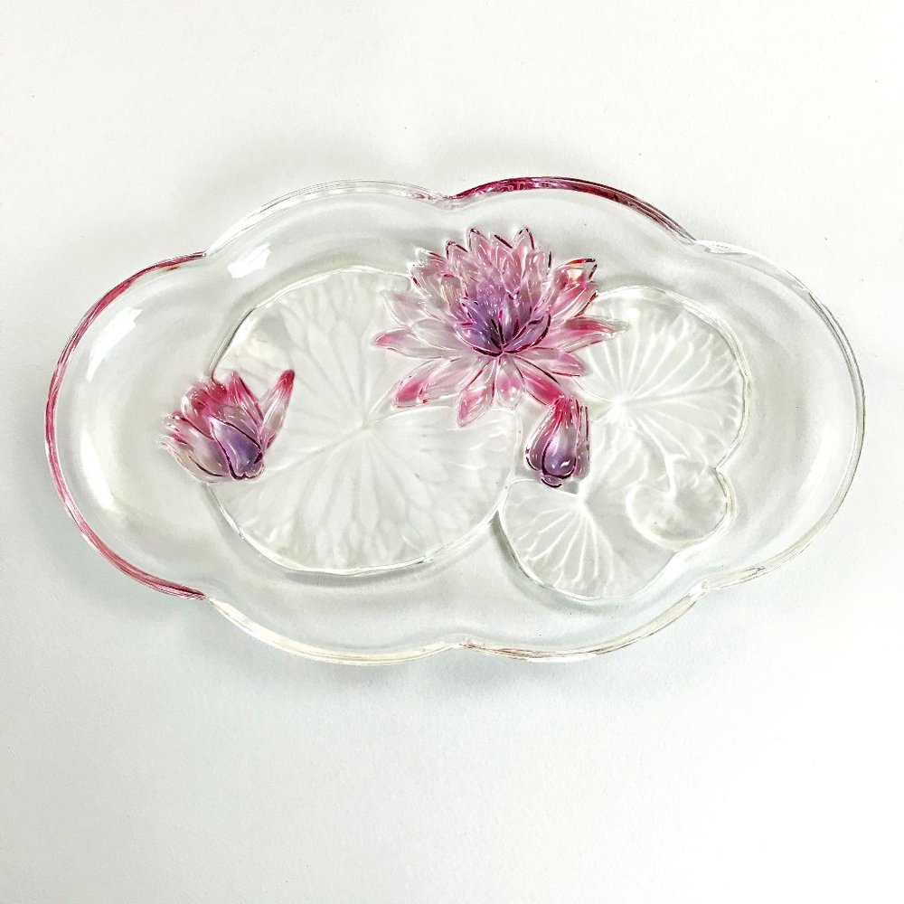 VINTAGE Glass Lotus Vanity Tray Large Floral Relief Etched Clear Pink